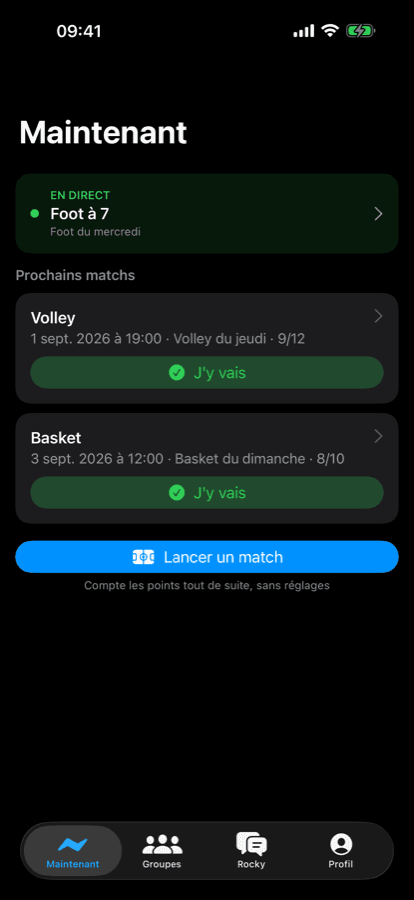 iPhone Now screen: the live game and the next games across groups
