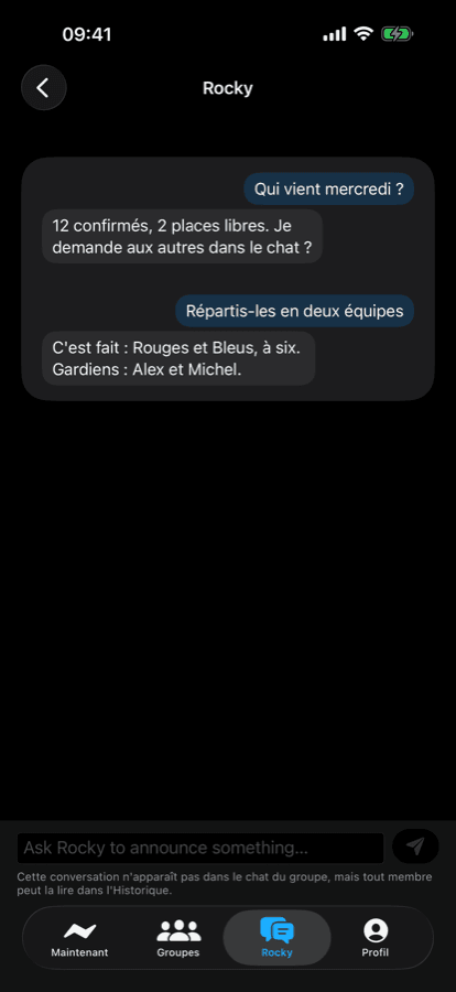iPhone chat with Rocky splitting the squad into two teams