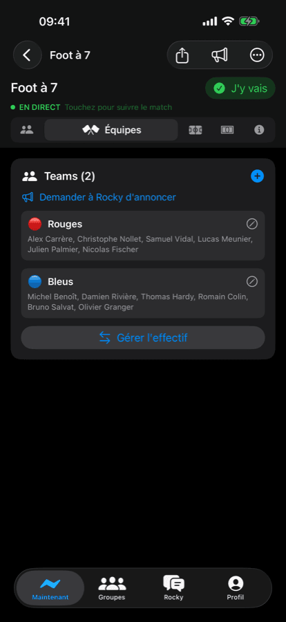 iPhone teams screen with Reds and Blues rosters