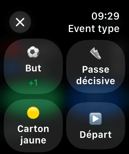 Apple Watch event menu: goal, assist, yellow card