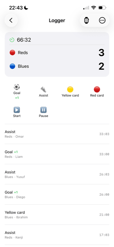 iPhone live game logger with the running match timeline