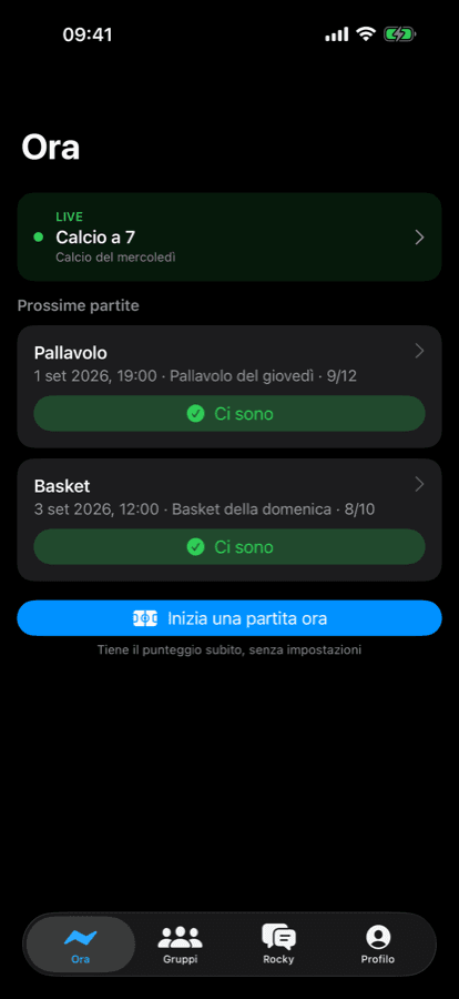 iPhone Now screen: the live game and the next games across groups