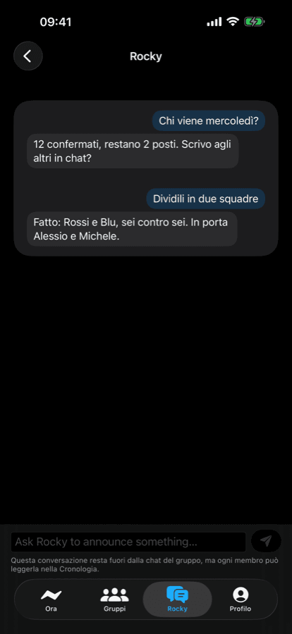 iPhone chat with Rocky splitting the squad into two teams