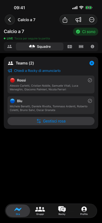 iPhone teams screen with Reds and Blues rosters