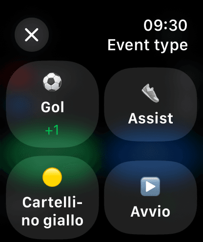 Apple Watch event menu: goal, assist, yellow card