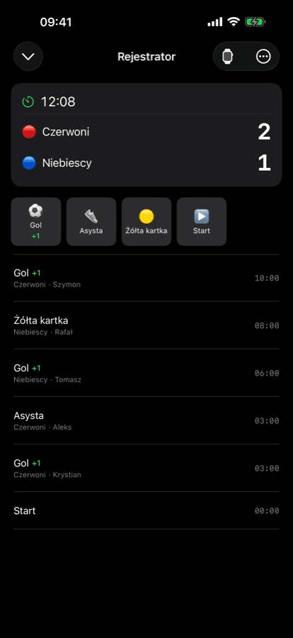 iPhone live game logger with the running match timeline