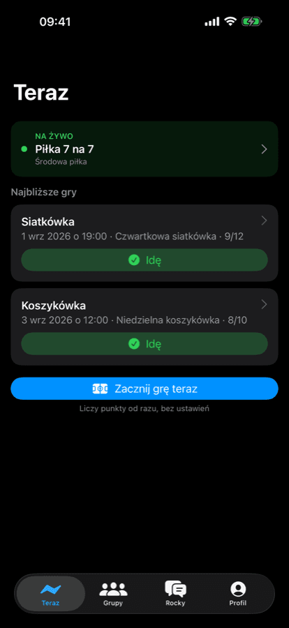 iPhone Now screen: the live game and the next games across groups