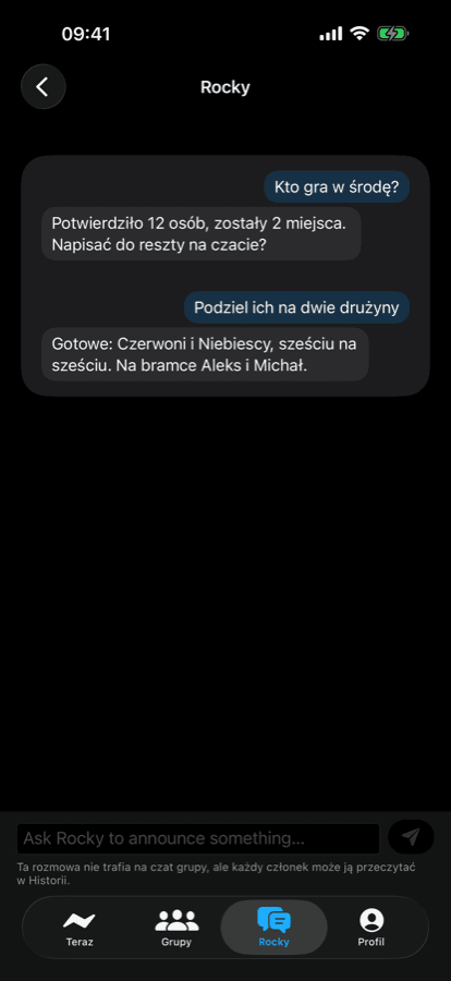 iPhone chat with Rocky splitting the squad into two teams