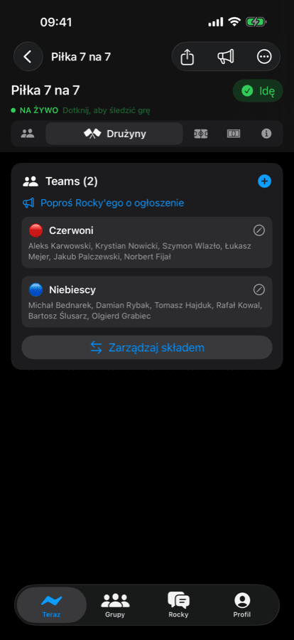 iPhone teams screen with Reds and Blues rosters
