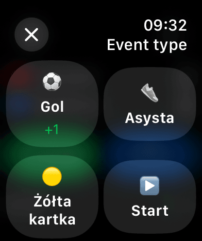 Apple Watch event menu: goal, assist, yellow card