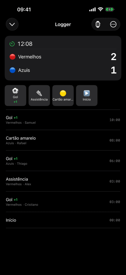 iPhone live game logger with the running match timeline