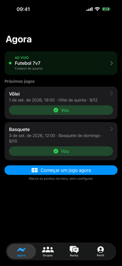 iPhone Now screen: the live game and the next games across groups
