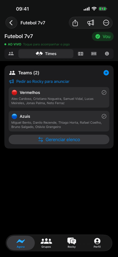 iPhone teams screen with Reds and Blues rosters