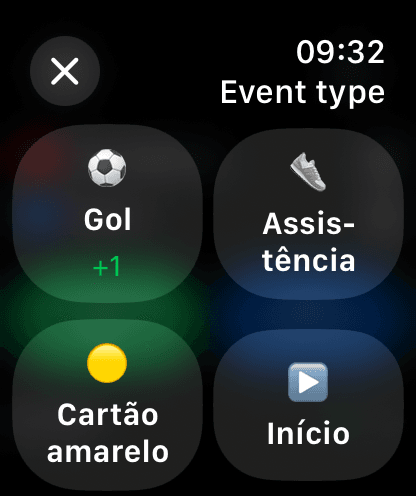 Apple Watch event menu: goal, assist, yellow card