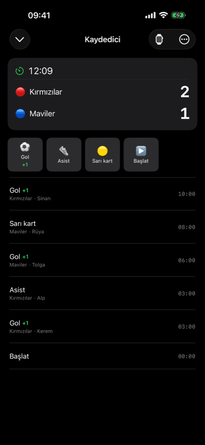 iPhone live game logger with the running match timeline