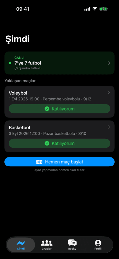 iPhone Now screen: the live game and the next games across groups