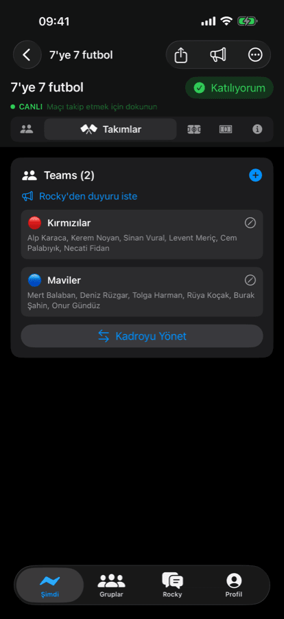 iPhone teams screen with Reds and Blues rosters