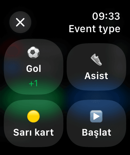 Apple Watch event menu: goal, assist, yellow card
