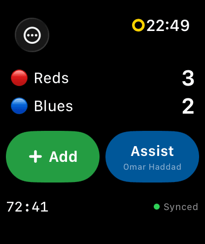 Apple Watch scoreboard: Reds 3, Blues 2 during a live match