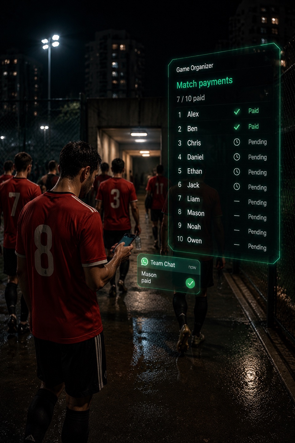 A match-payments board: 7 of 10 players paid, the rest pending