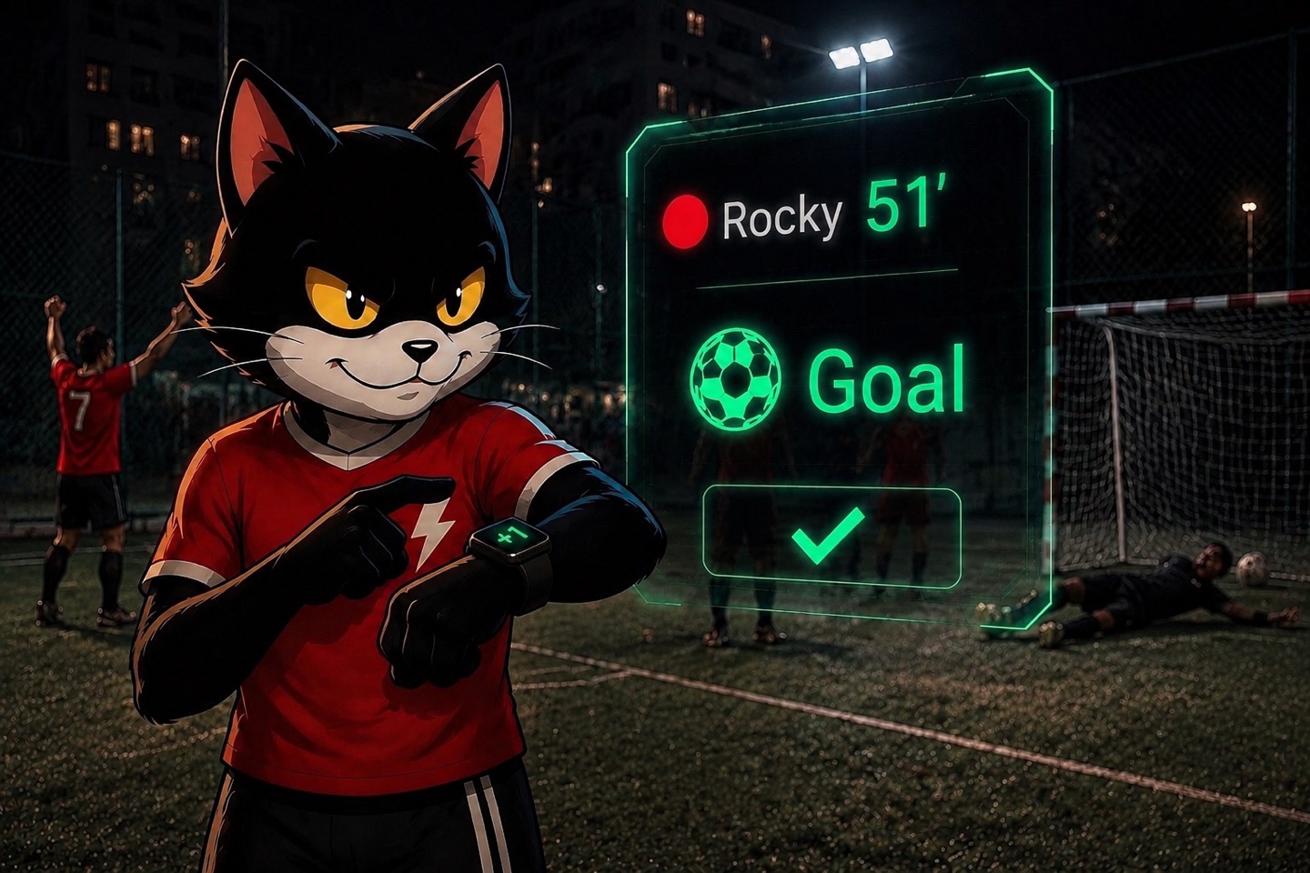 Rocky logs a goal on Apple Watch as the live scoreboard lights up